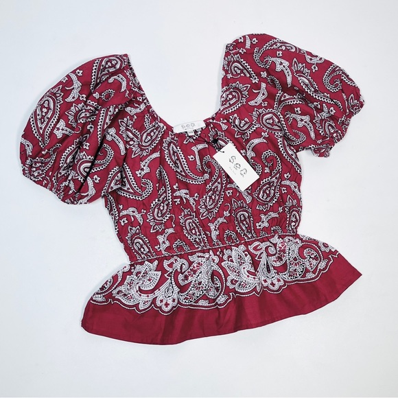 NEW! SEA New York BLOCK PRINT SHIRRED SWEETHEART puff sleeve top XXS and L - Picture 1 of 8